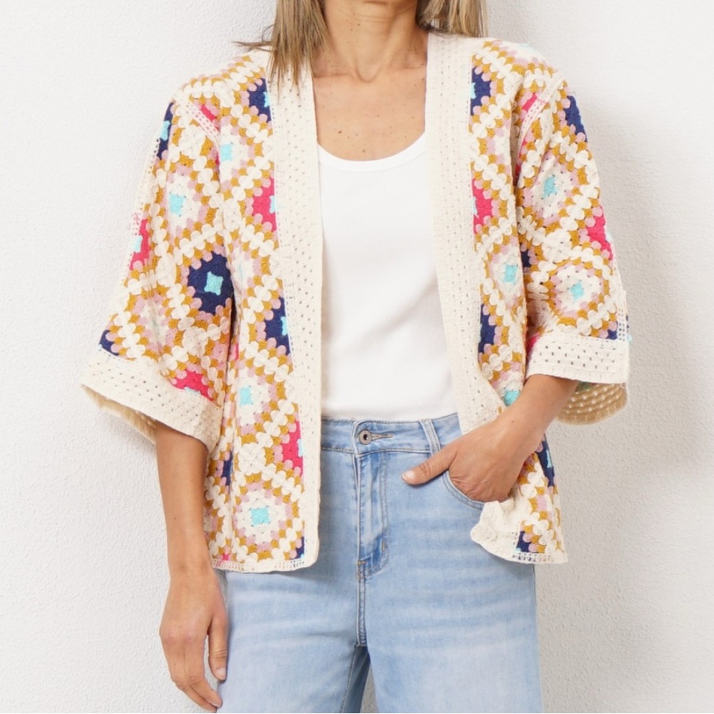 Crochet Patchwork Open Cardigan Sweater - Cream & Multicolor